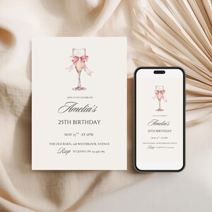 Uitnodiging 25e verjaardag: ELKE LEEFTIJD, roze strik, minimalistische feestuitnodiging (digitale download, canvasjabloon)