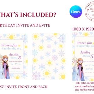 May include: A digital birthday invitation set featuring two cartoon characters with blonde and auburn hair, wearing heart-shaped sunglasses. The design includes yellow suns, blue snowflakes, and the text Frozen fun under the sun, Amelia is turning 5.