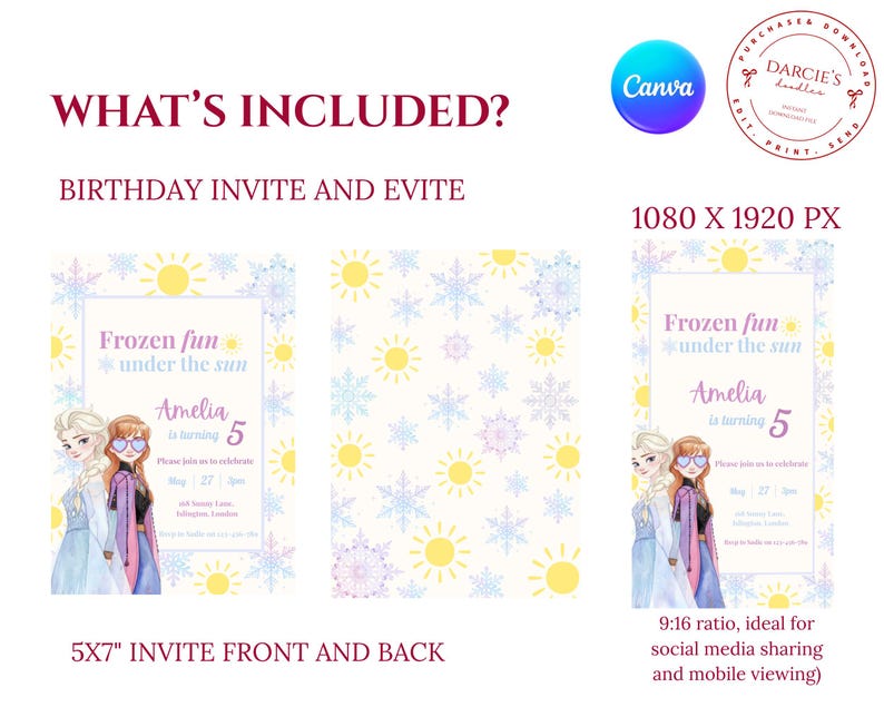 May include: A digital birthday invitation set featuring two cartoon characters with blonde and auburn hair, wearing heart-shaped sunglasses. The design includes yellow suns, blue snowflakes, and the text Frozen fun under the sun, Amelia is turning 5.