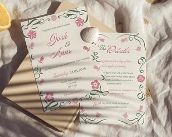 Puede incluir: Una invitación de boda con un diseño floral en rosa y verde. La invitación es para la boda de Josh y Anne el sábado 24 de mayo de 2026, en Whistle Barms, Long Ln, Eastwood, DE75 7JF. Los detalles de la boda se enumeran en una tarjeta separada.