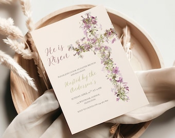 Easter Invitation and Evite, Religious He is Risen, Spring floral, Egg Hunt, Canva Template