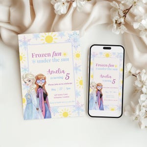 May include: A rectangular birthday invitation card and a smartphone displaying the same digital invitation. The design features two cartoon characters, yellow suns, and blue snowflakes with the text Frozen fun under the sun Amelia is turning 5.