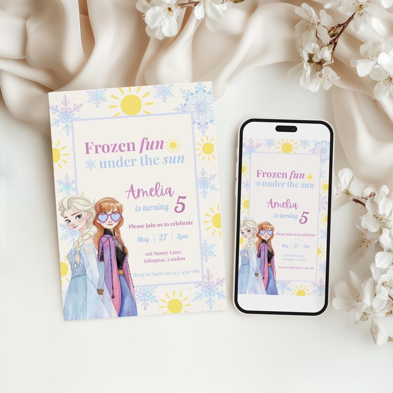 May include: A rectangular birthday invitation card and a smartphone displaying the same digital invitation. The design features two cartoon characters, yellow suns, and blue snowflakes with the text Frozen fun under the sun Amelia is turning 5.