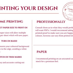Pode incluir: Um gr&aacute;fico bord&ocirc; e branco com instru&ccedil;&otilde;es para imprimir um design. O texto inclui "Printing Your Design", "Home Printing" e "Professionally". Ele tamb&eacute;m apresenta um logotipo circular com o texto "Darcie's Doodles."