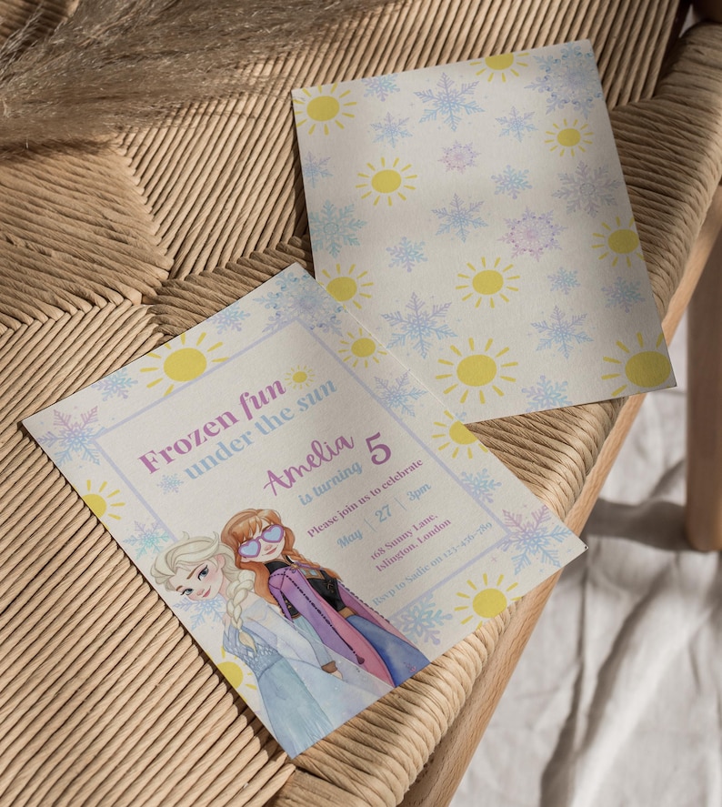 May include: Two rectangular birthday invitation cards featuring a pattern of yellow suns and light blue snowflakes. One card displays the text Frozen fun under the sun, Amelia is turning 5, May 27, 3pm, 168 Sunny Lane, Islington, London.