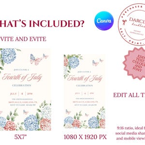 May include: A Fourth of July celebration invitation design with floral and butterfly accents. The invitation features text that reads "Join us for a Fourth of July Celebration" and includes the date, time, and location. The design is available in two sizes.