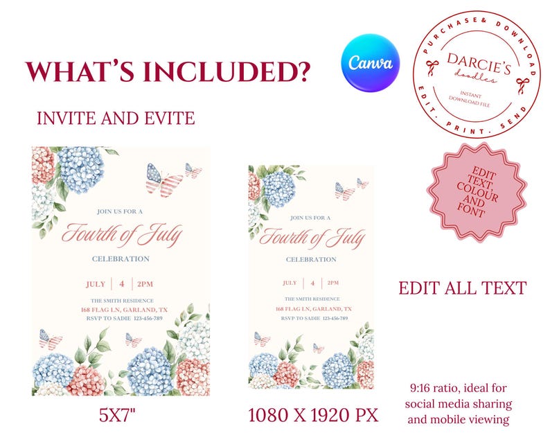 May include: A Fourth of July celebration invitation design with floral and butterfly accents. The invitation features text that reads "Join us for a Fourth of July Celebration" and includes the date, time, and location. The design is available in two sizes.