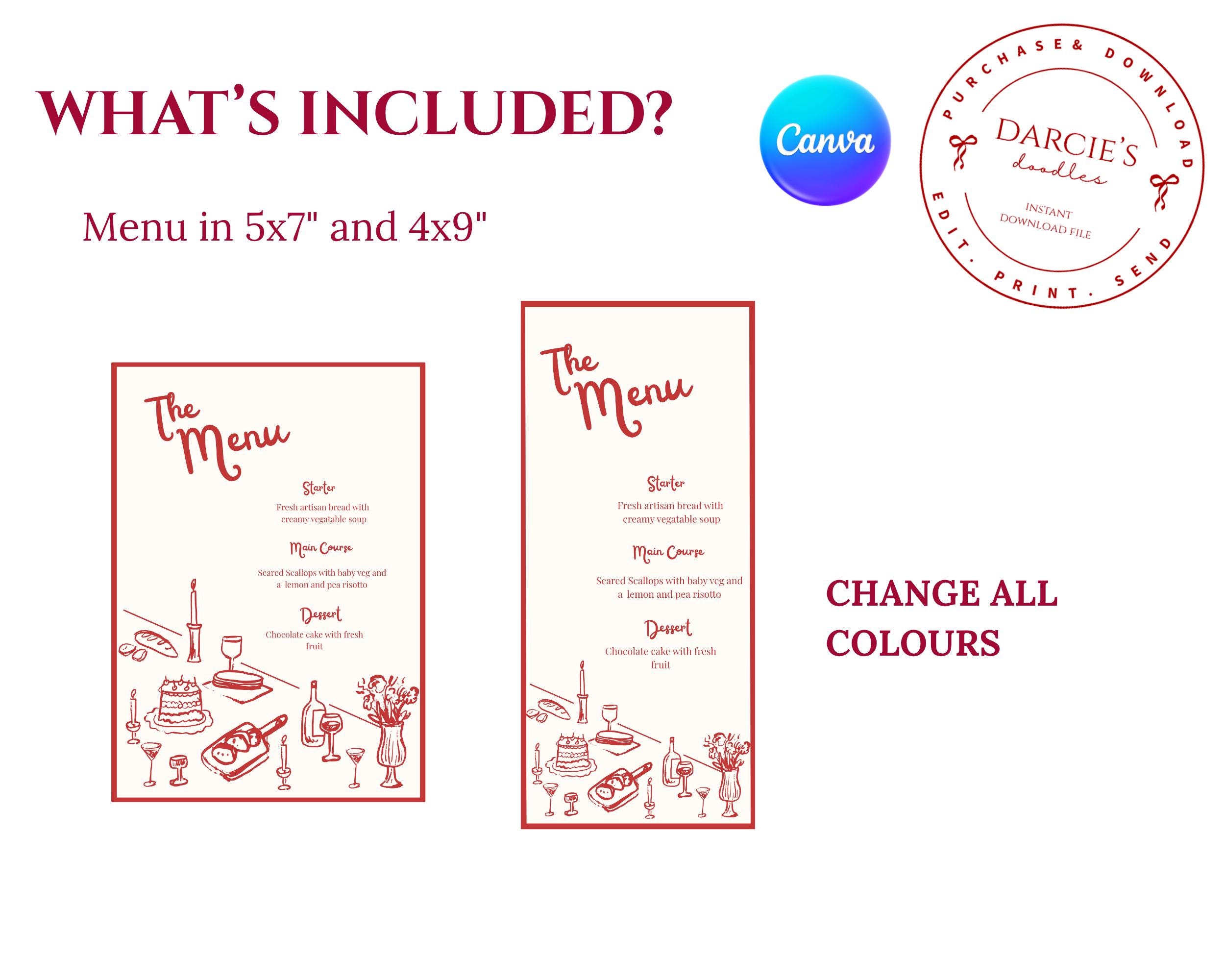 Dinner Party Menu Card, Hand Drawn Wedding Template: Red Illustrated ...