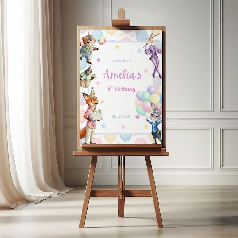 May include: A wooden easel displays a birthday sign. The sign reads "Welcome to Amelia's 5th birthday" with cartoon characters and balloons. The sign is framed by a light blue border with stars and balloons.