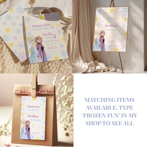May include: A birthday invitation, welcome sign, and gift tag set featuring illustrations of two characters with blonde and auburn hair. The designs include blue snowflakes, yellow suns, and text reading Frozen fun under the sun, Amelia's 5th birthday.