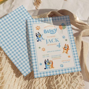 Blue dog Invitation Template, Gingham Canva Birthday Invite