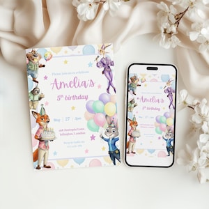 Puede incluir: Una invitaci&oacute;n de cumplea&ntilde;os y una pantalla de tel&eacute;fono inteligente que muestra el mismo dise&ntilde;o. La invitaci&oacute;n y la pantalla presentan personajes de dibujos animados, globos y el texto "Amelia's 5th birthday". La combinaci&oacute;n de colores incluye pasteles.