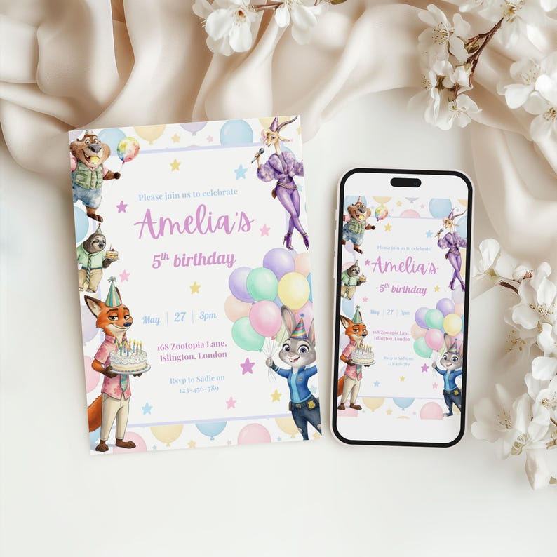 Puede incluir: Una invitaci&oacute;n de cumplea&ntilde;os y una pantalla de tel&eacute;fono inteligente que muestra el mismo dise&ntilde;o. La invitaci&oacute;n y la pantalla presentan personajes de dibujos animados, globos y el texto "Amelia's 5th birthday". La combinaci&oacute;n de colores incluye pasteles.