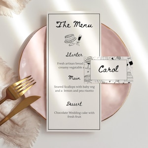 Skurrile Hochzeitsmenükarten-Vorlage, Handgezeichnetes Hochzeitsmenü, Handgeschriebene Bachelorette-Abendessen-Menüvorlage, Hochzeitsmenü, Vorlage, WB2
