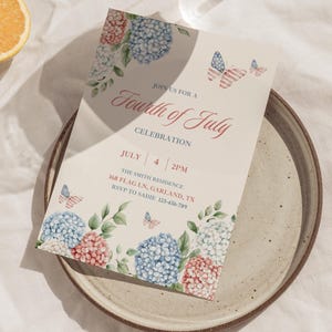 May include: A Fourth of July celebration invitation card with floral and butterfly accents. The card features red, white, and blue hydrangeas and butterflies with an American flag design. The text reads "Join us for a Fourth of July Celebration."