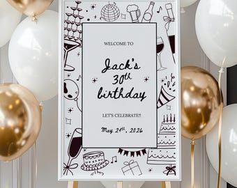 Hand-Drawn Beer Birthday Welcome Sign: Men's Party Printable (18x24" Digital Download)