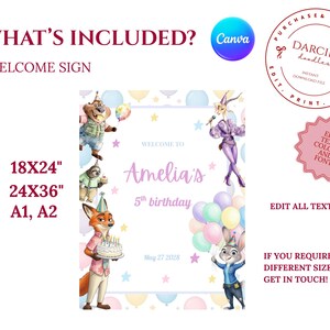 May include: A welcome sign with the text "Welcome to Amelia's 5th birthday" featuring cartoon characters and balloons. The sign is available in 18x24 and 24x36 inch sizes, and A1 and A2 sizes.
