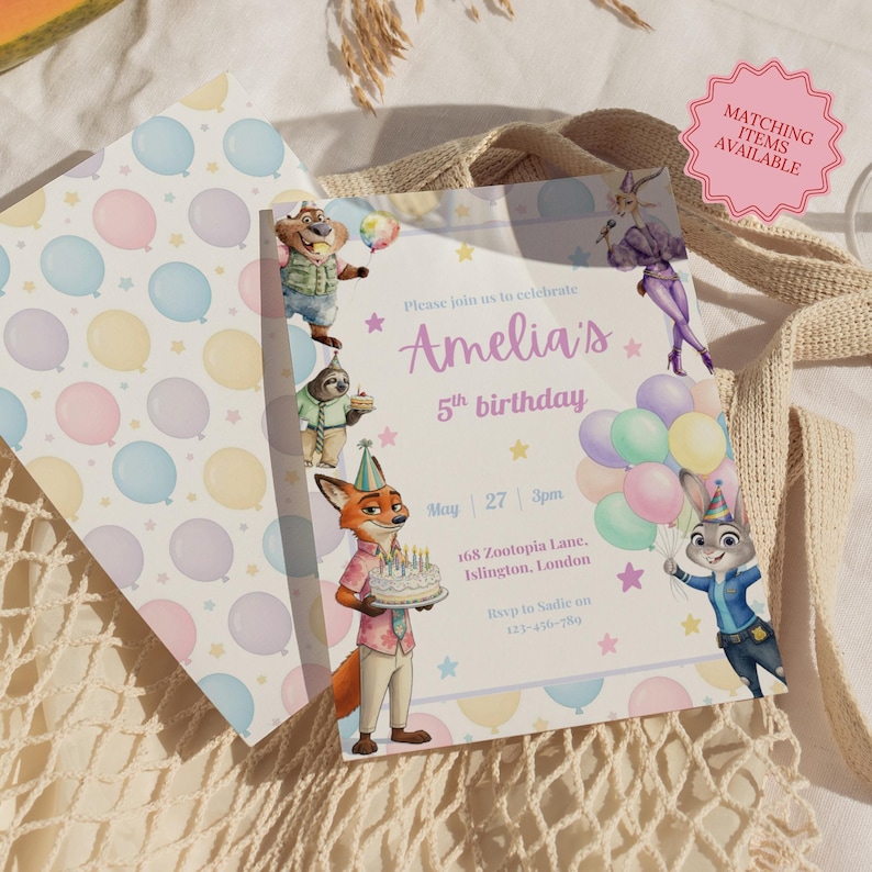 May include: A birthday invitation with a pastel balloon and star pattern. The invitation features the text "Amelia's 5th birthday" with cartoon characters. The invitation includes the date, time, and location.