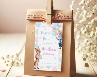 Etiquetas de lembrancinha de Zootopia 2, decoração de festa, Judy Hopps e Nick Wilde, Modelo