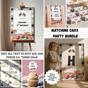 May include: A party decoration bundle featuring a race car theme with checkered patterns. Includes a welcome sign for Hudson's 2nd birthday, food labels, a cupcake topper, and a letter H print. The designs feature red and brown cartoon cars.