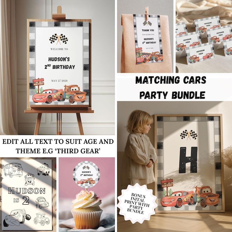 May include: A party decoration bundle featuring a race car theme with checkered patterns. Includes a welcome sign for Hudson's 2nd birthday, food labels, a cupcake topper, and a letter H print. The designs feature red and brown cartoon cars.