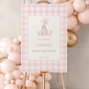 Pink Gingham Baby Shower Welcome Sign: Giraffe Theme (Digital Download, 18x24&quot;)