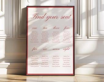 Elegant Red Wedding Seating Chart Template (Digital Download, Canva Editable) WB4