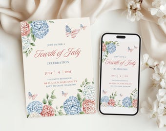 4th July Party Invitation, Patriotic American red white blue floral invite, evite, canva template