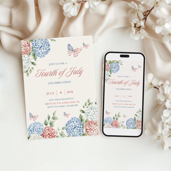 4th July Party Invitation, Patriotic American red white blue floral invite, evite, canva template