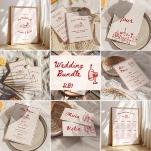Pode incluir: Uma coleção de artigos de papelaria para casamento em vermelho e creme. Inclui convites, menus, cartões de mesa e um mapa de assentos. O texto "Wedding Bundle" e os nomes são visíveis. Os designs apresentam ilustrações de bolo, taças de vinho e outros elementos de casamento.