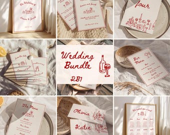 May include: A collection of wedding stationery with red and cream color scheme. Includes invitations, menus, place cards, and a seating chart. The text "Wedding Bundle" and names are visible. The designs feature illustrations of cake, wine glasses, and other wedding-related elements.