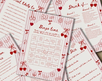 Girls' Night Party Games: Bingo, Dice & Quizzes, Galentines day, Bachelorette Celebration, Birthday, Pink, Whimsical