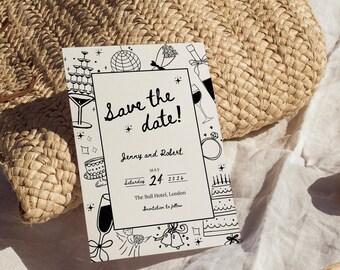Whimsical Hand-Drawn Save the Date Template: Funky Illustrated Wedding Invitation (Digital Download)