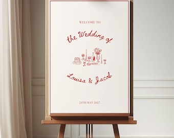 Handwritten Wedding Welcome Sign Template: Whimsical Red Illustrated Design (Canva Digital Download) RB1