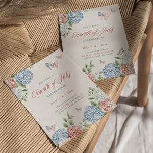 May include: Two Fourth of July celebration invitations. The invitations feature floral arrangements of blue and red hydrangeas and butterfly accents. The text reads "Fourth of July Celebration" with date, time, and address details.
