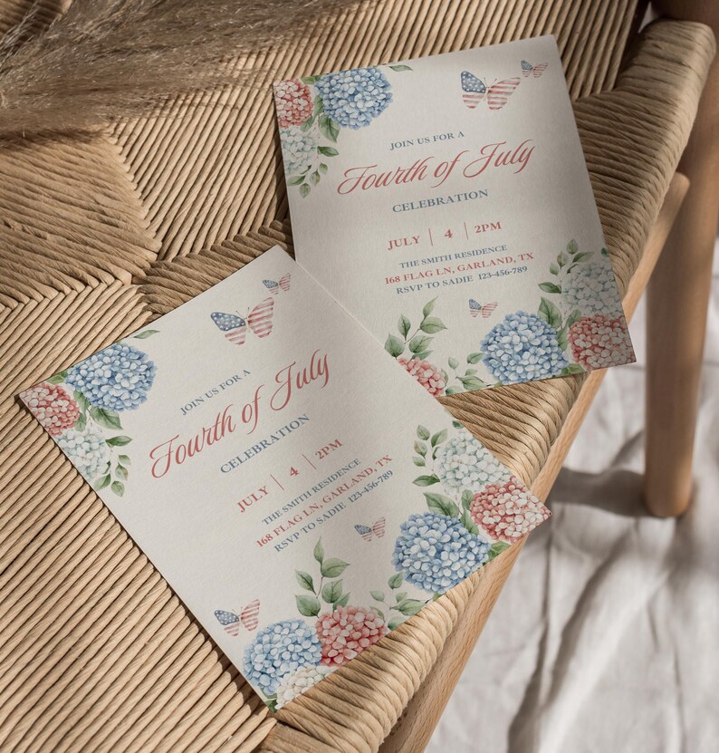 May include: Two Fourth of July celebration invitations. The invitations feature floral arrangements of blue and red hydrangeas and butterfly accents. The text reads "Fourth of July Celebration" with date, time, and address details.