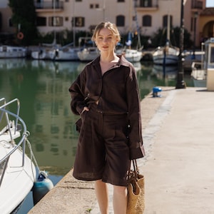 Stylish suit for women Brown washed linen set: Bermuda shorts & knocked loose shirt Linen two piece set Elastic waist pants Vacation clothes