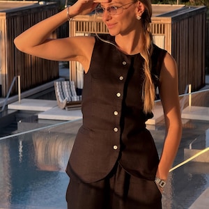 Schwarze Leinenweste für Frauen Leinen ärmelloses Top Weiße Naturleinen Weste Leinen Tank Top ausgestattet Leinenweste Leinenfrauen Kleidung Büro Outfit