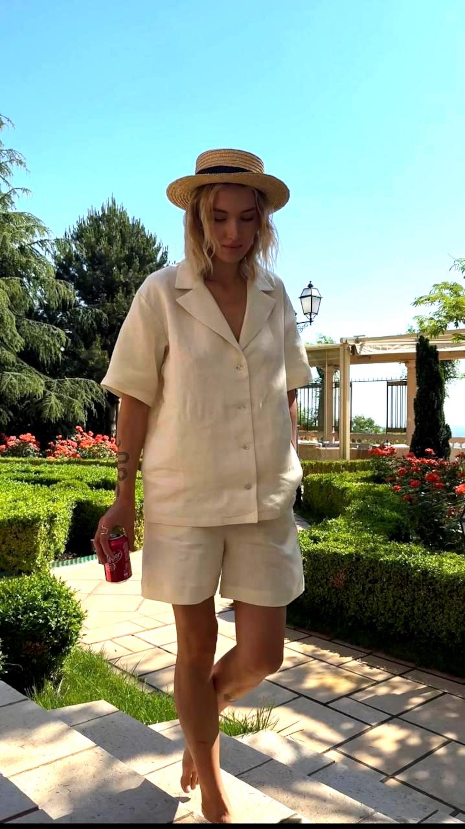 Beige Linen Look Shirt & Shorts Set - Aurelia