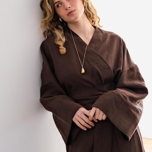 Wrap linen dress, Kimono linen dress, Summer kimono dress, Midi dress tunic Linen sun dress Organic eco friendly clothing 100% natural linen