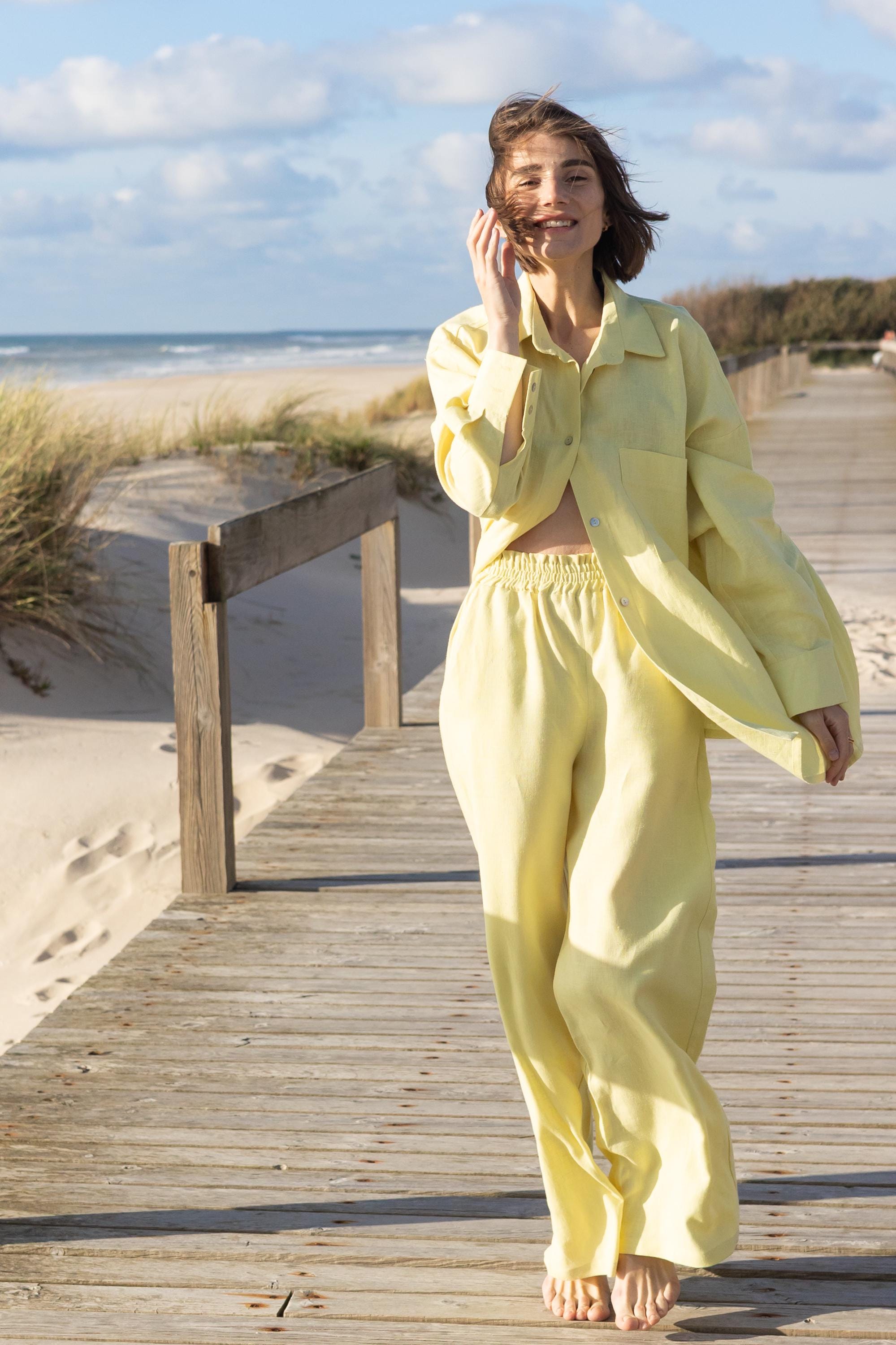 Minimalist linen suit for women's Butter yellow linen set: shirt with long sleeves and wide leg pants Linen tank top Linen shorts