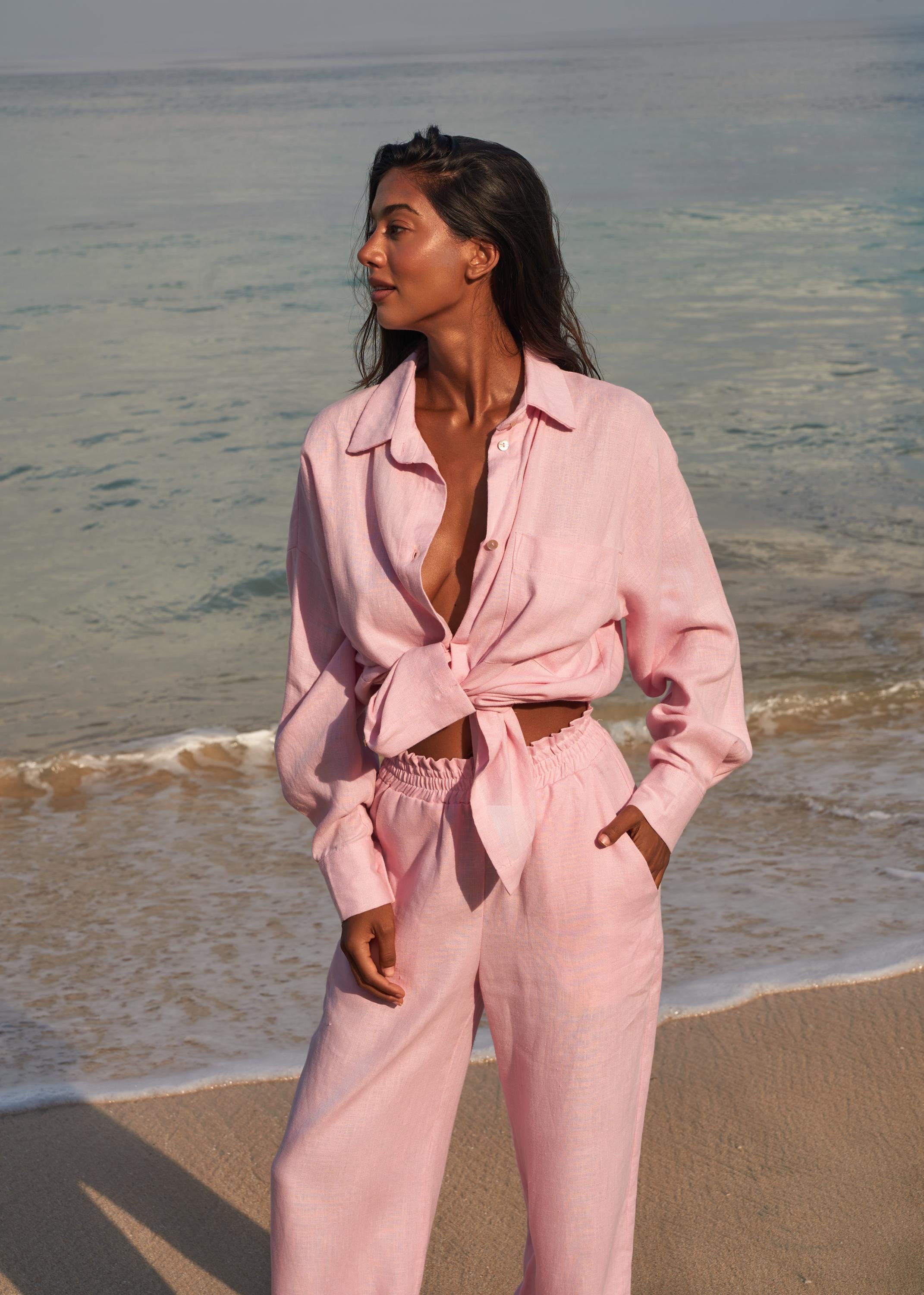 Sunset Linen Short - Metallic Pink w/Lime