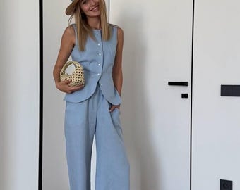 Women’s Linen Set – Fitted Vest and Pants Summer Linen Suit for Women Blue linen vest suit Sleeveless Linen Top and Pants Set