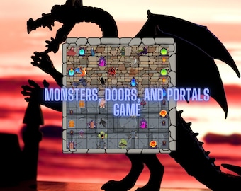 May include: A game board with a grid of squares, each containing a different image. The board is surrounded by a stone-like border. The text "Monsters - Doors, and Portals Game" is displayed above the board. The board is in front of a silhouette of a castle and a dragon against a red and orange sunset.
