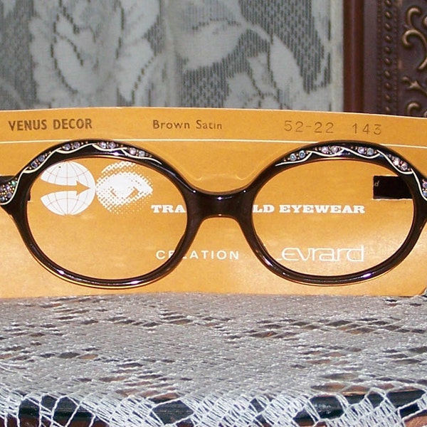 Vintage 1950s New Old Deadstock Brown SAtin and rhinestone Eye Glass frames