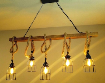 Oak Beam Ceiling Lamp Hemp Rope & Black Cage Lighting
