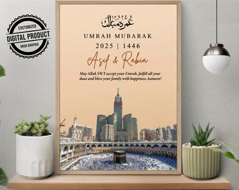 Personalized Umrah Mubarak Print | Islamic Digital Download Kaaba Wall Art | Muslim Home Decor Eid Gift | Mecca Family Umrah Celebration