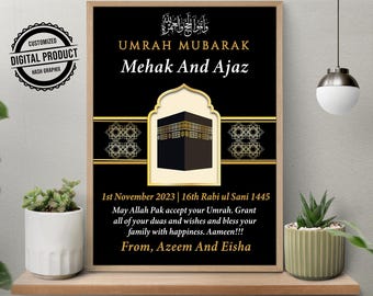Personalized Umrah Mubarak Print | Islamic Digital Download Kaaba Wall Art | Muslim Home Decor Eid Gift | Mecca Family Umrah Celebration