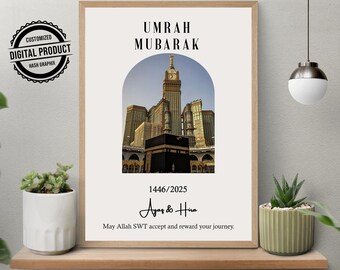 Personalized Umrah Mubarak Print | Islamic Digital Download Kaaba Wall Art | Muslim Home Decor Eid Gift | Mecca Family Umrah Celebration
