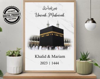Personalized Umrah Mubarak Print | Islamic Digital Download Kaaba Wall Art | Muslim Home Decor Eid Gift | Mecca Family Umrah Celebration